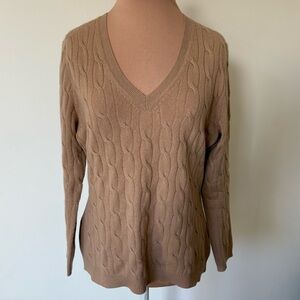 Holt Renfrew 100% Cashmere Cable Knit V-Neck Tan Sweater Size Medium